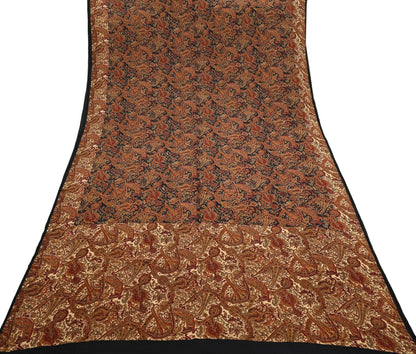Indian Vintage Beige & Black Pure Crepe Silk Saree Floral Block Print 6 Yards Soft Sewing Fabric for Dressmaking, Quilting, Crafting