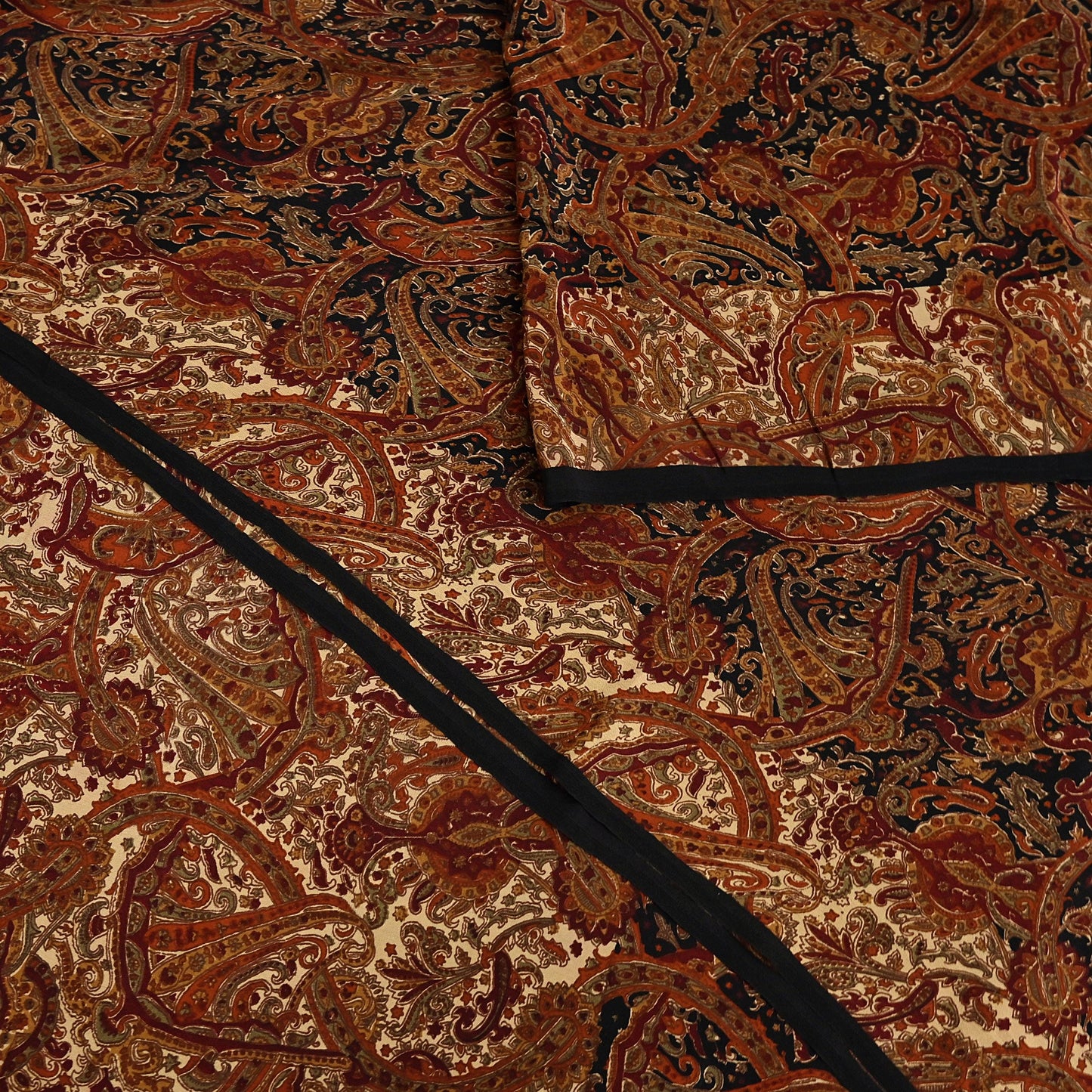 Indian Vintage Beige & Black Pure Crepe Silk Saree Floral Block Print 6 Yards Soft Sewing Fabric for Dressmaking, Quilting, Crafting