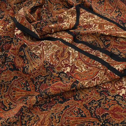 Indian Vintage Beige & Black Pure Crepe Silk Saree Floral Block Print 6 Yards Soft Sewing Fabric for Dressmaking, Quilting, Crafting