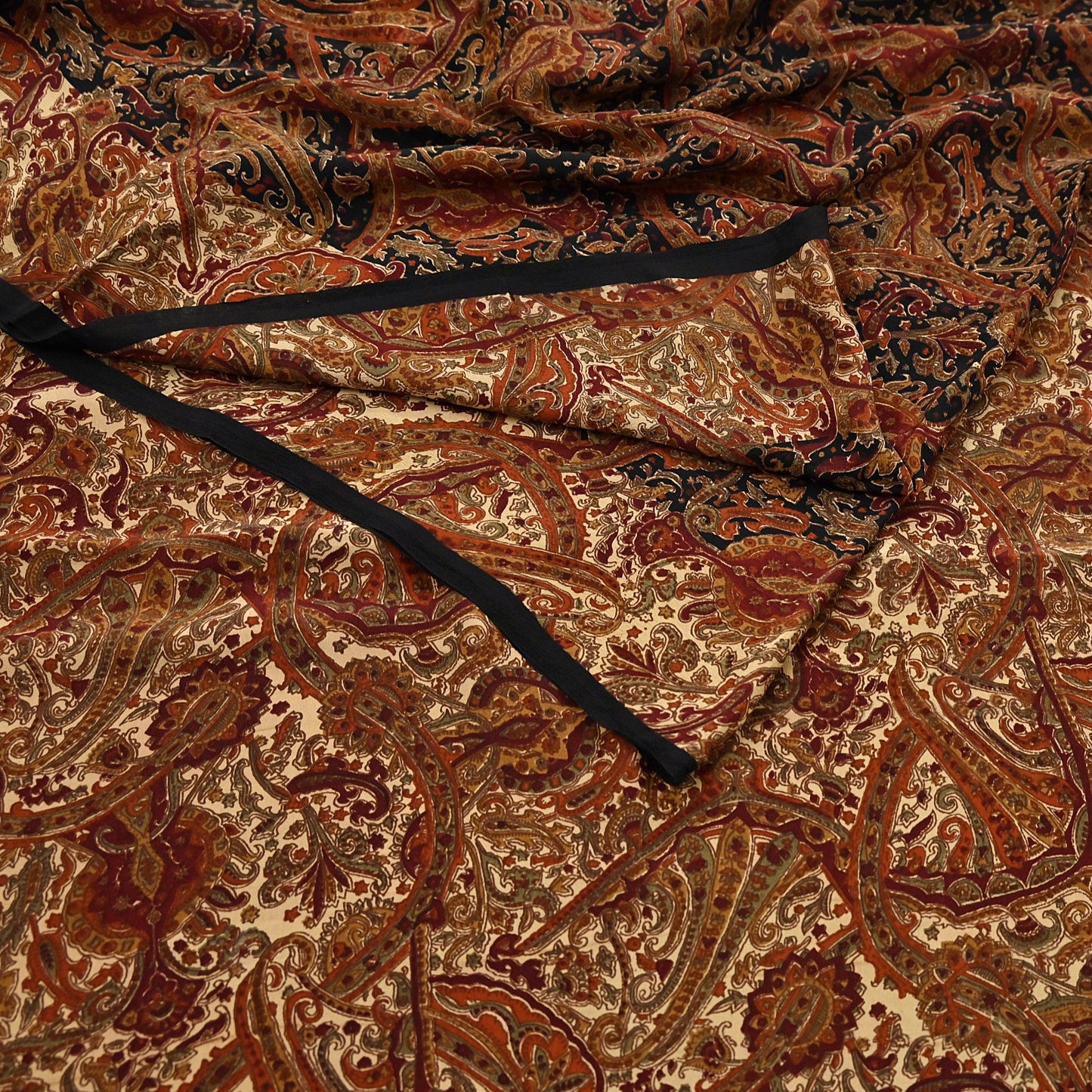 Indian Vintage Beige & Black Pure Crepe Silk Saree Floral Block Print 6 Yards Soft Sewing Fabric for Dressmaking, Quilting, Crafting