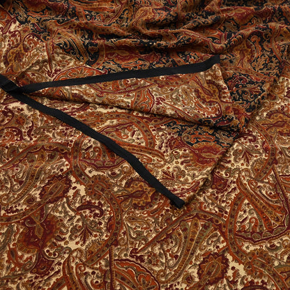 Indian Vintage Beige & Black Pure Crepe Silk Saree Floral Block Print 6 Yards Soft Sewing Fabric for Dressmaking, Quilting, Crafting