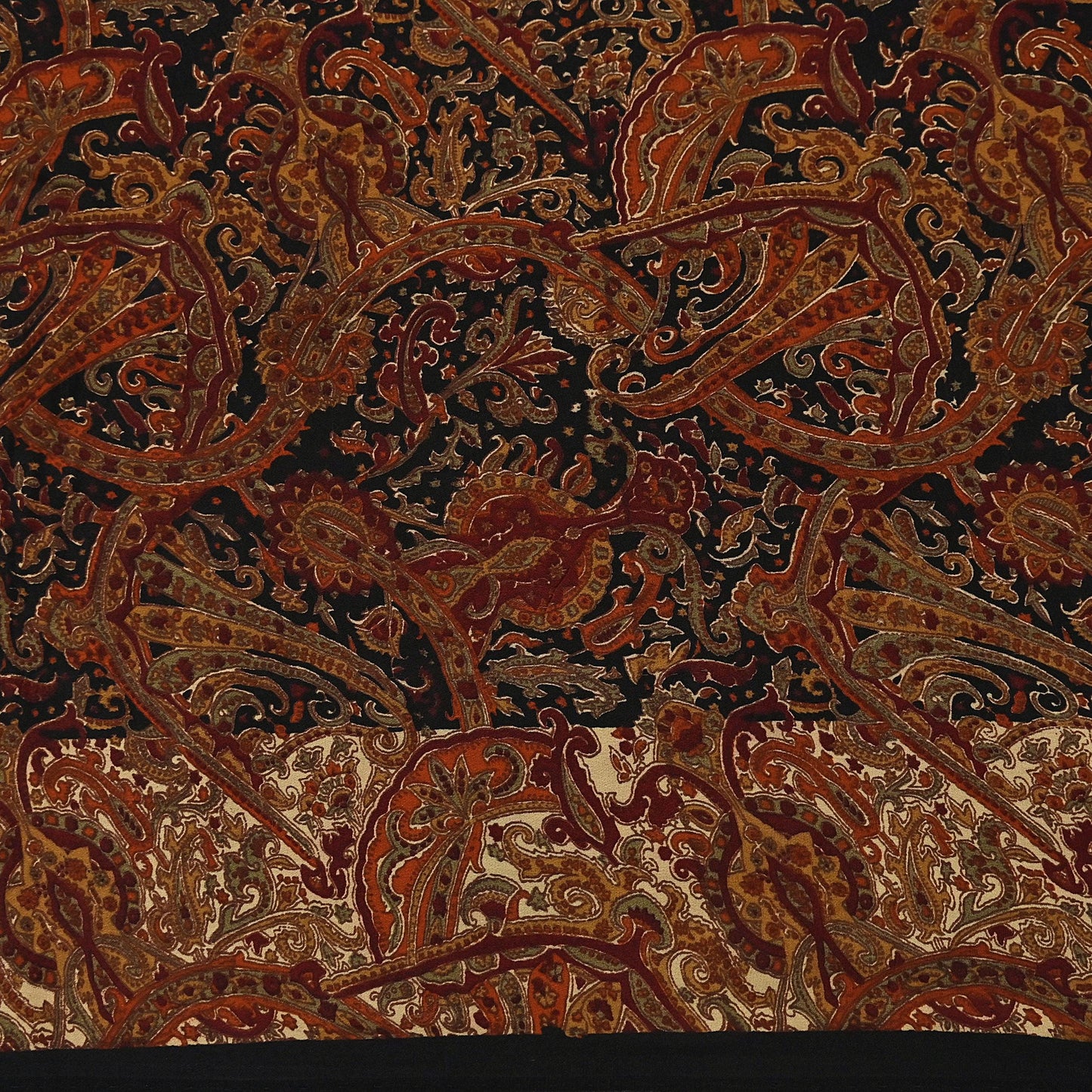 Indian Vintage Beige & Black Pure Crepe Silk Saree Floral Block Print 6 Yards Soft Sewing Fabric for Dressmaking, Quilting, Crafting
