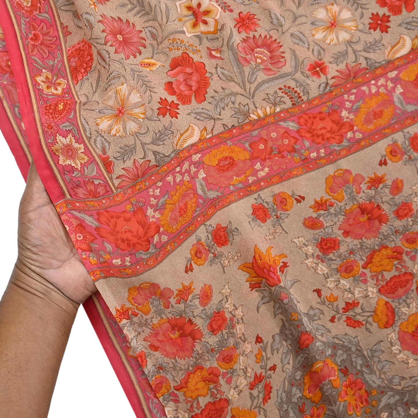 Indian Vintage Sari Brown & Pink Pure Georgette Silk Printed Saree Craft Fabric Sewing 5Yd Soft Light Dress Making Crafting Quilting Upcycle