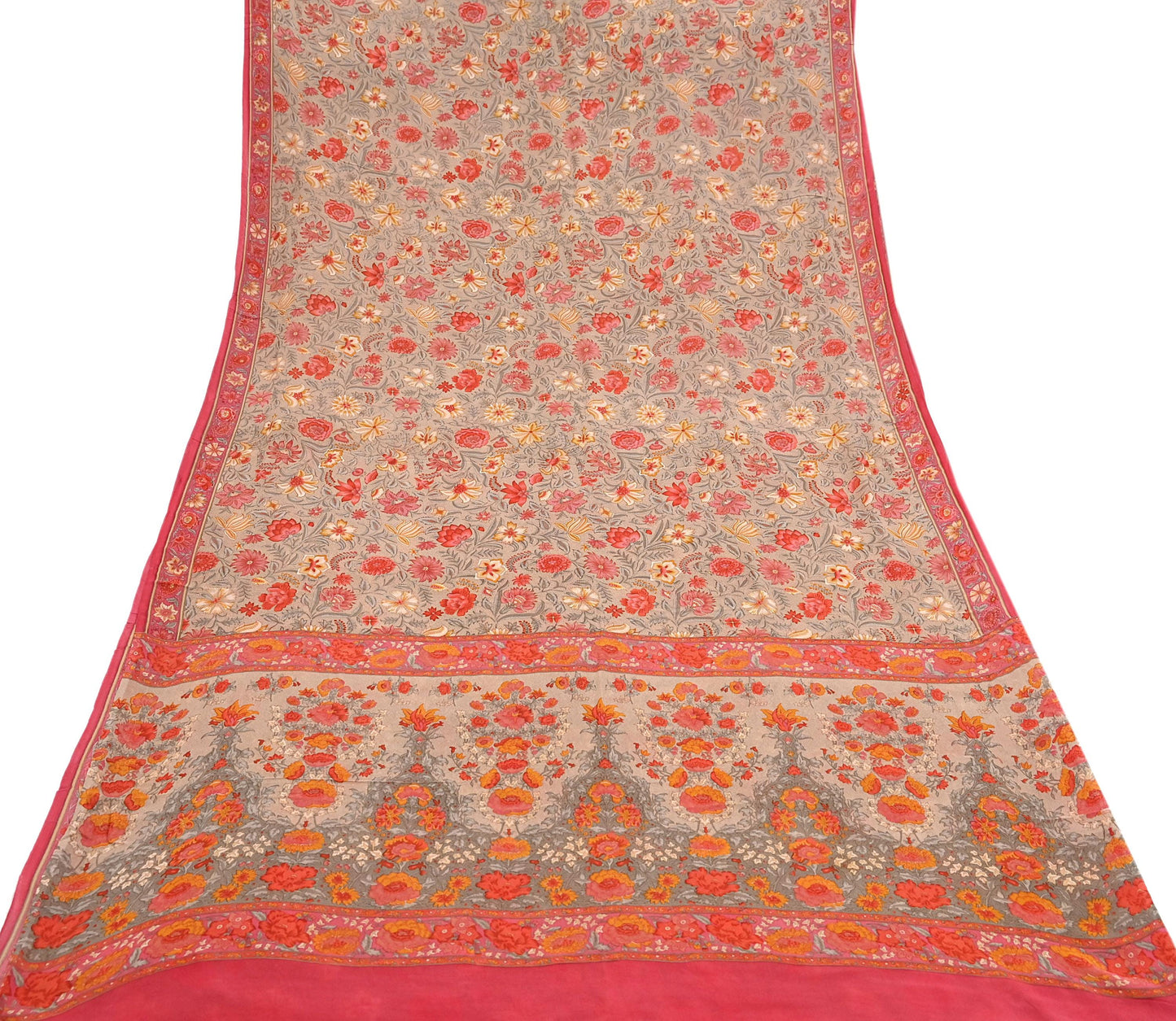 Indian Vintage Sari Brown & Pink Pure Georgette Silk Printed Saree Craft Fabric Sewing 5Yd Soft Light Dress Making Crafting Quilting Upcycle