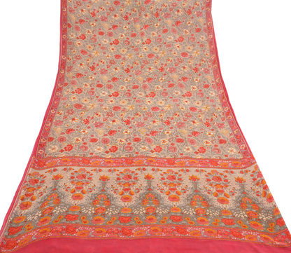 Indian Vintage Sari Brown & Pink Pure Georgette Silk Printed Saree Craft Fabric Sewing 5Yd Soft Light Dress Making Crafting Quilting Upcycle