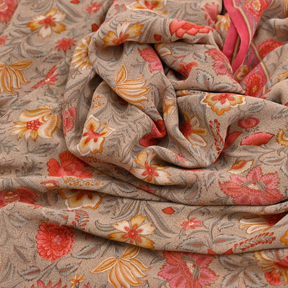 Indian Vintage Sari Brown & Pink Pure Georgette Silk Printed Saree Craft Fabric Sewing 5Yd Soft Light Dress Making Crafting Quilting Upcycle