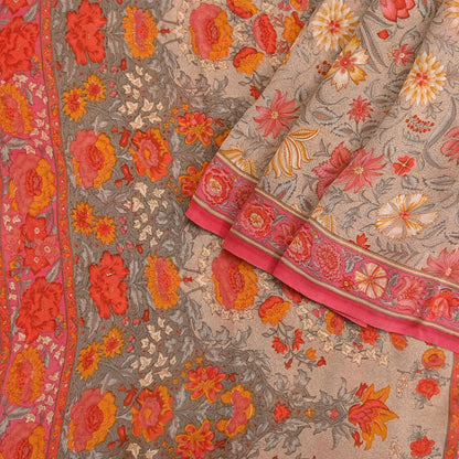 Indian Vintage Sari Brown & Pink Pure Georgette Silk Printed Saree Craft Fabric Sewing 5Yd Soft Light Dress Making Crafting Quilting Upcycle