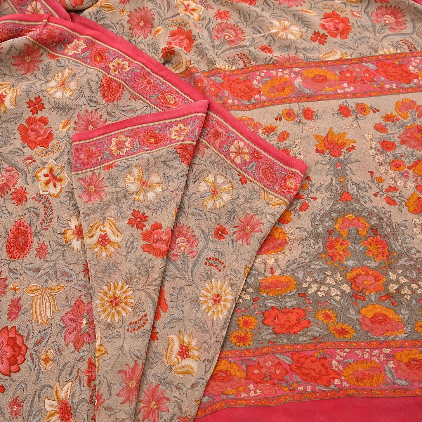 Indian Vintage Sari Brown & Pink Pure Georgette Silk Printed Saree Craft Fabric Sewing 5Yd Soft Light Dress Making Crafting Quilting Upcycle