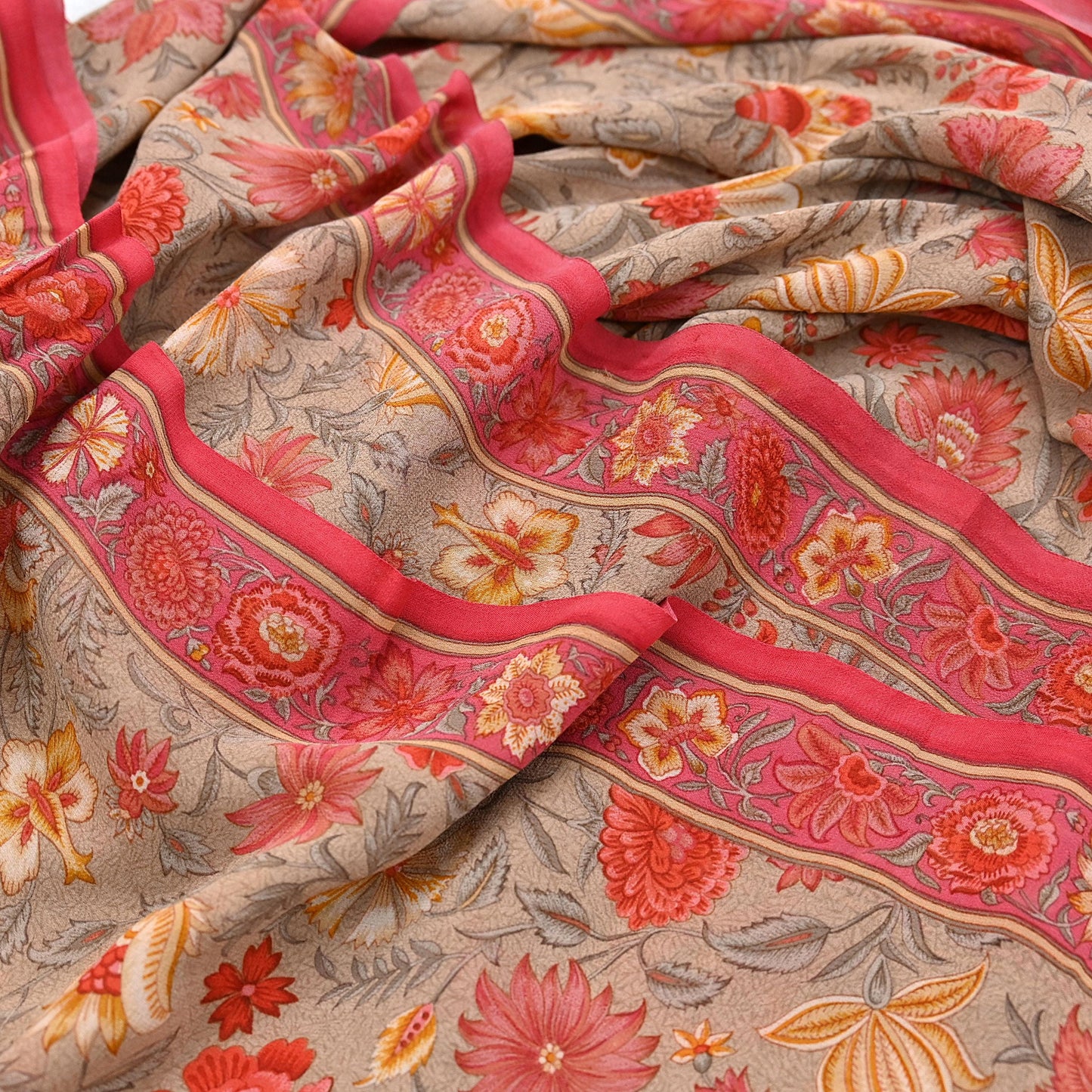 Indian Vintage Sari Brown & Pink Pure Georgette Silk Printed Saree Craft Fabric Sewing 5Yd Soft Light Dress Making Crafting Quilting Upcycle