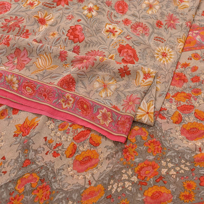 Indian Vintage Sari Brown & Pink Pure Georgette Silk Printed Saree Craft Fabric Sewing 5Yd Soft Light Dress Making Crafting Quilting Upcycle