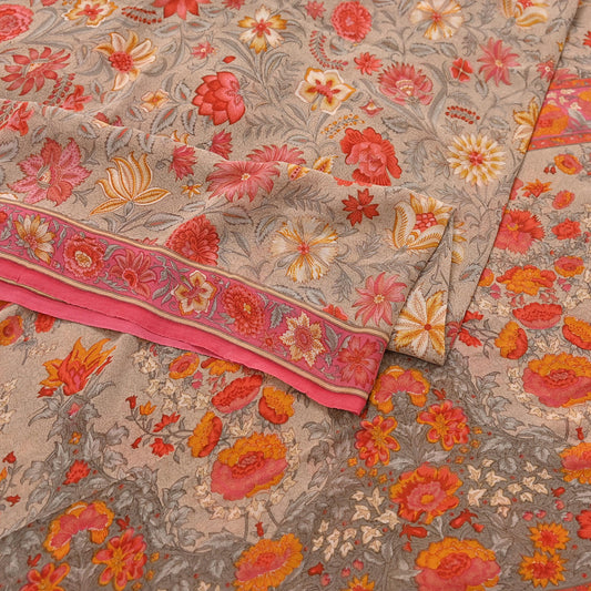 Indian Vintage Sari Brown & Pink Pure Georgette Silk Printed Saree Craft Fabric Sewing 5Yd Soft Light Dress Making Crafting Quilting Upcycle