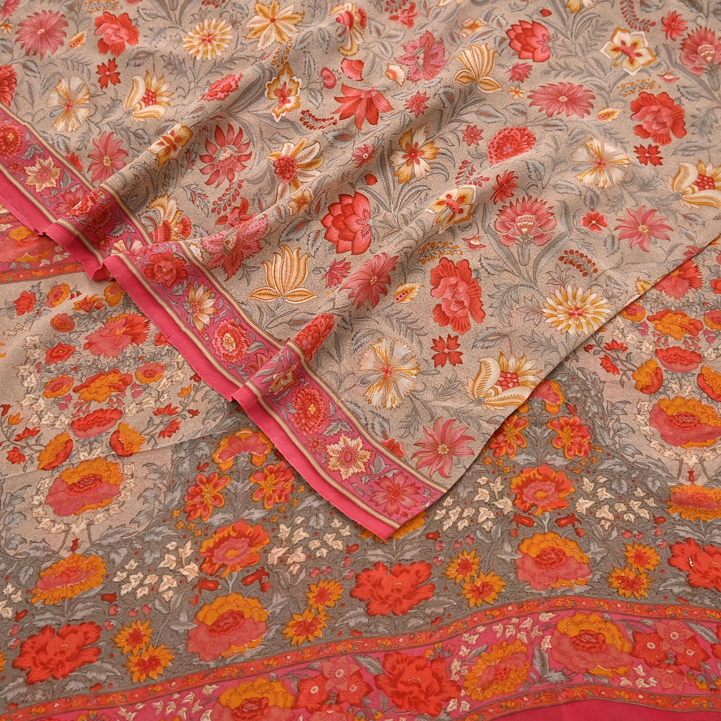 Indian Vintage Sari Brown & Pink Pure Georgette Silk Printed Saree Craft Fabric Sewing 5Yd Soft Light Dress Making Crafting Quilting Upcycle