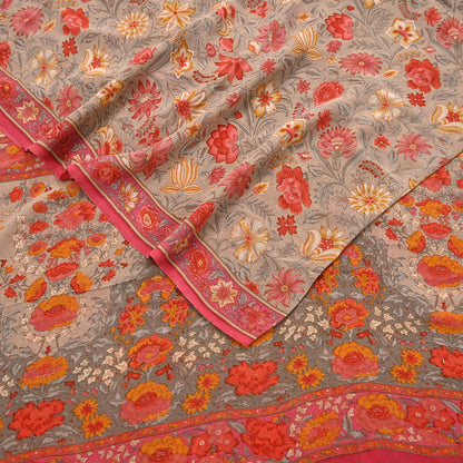 Indian Vintage Sari Brown & Pink Pure Georgette Silk Printed Saree Craft Fabric Sewing 5Yd Soft Light Dress Making Crafting Quilting Upcycle