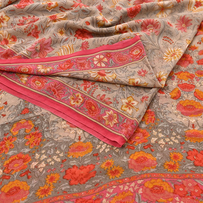 Indian Vintage Sari Brown & Pink Pure Georgette Silk Printed Saree Craft Fabric Sewing 5Yd Soft Light Dress Making Crafting Quilting Upcycle