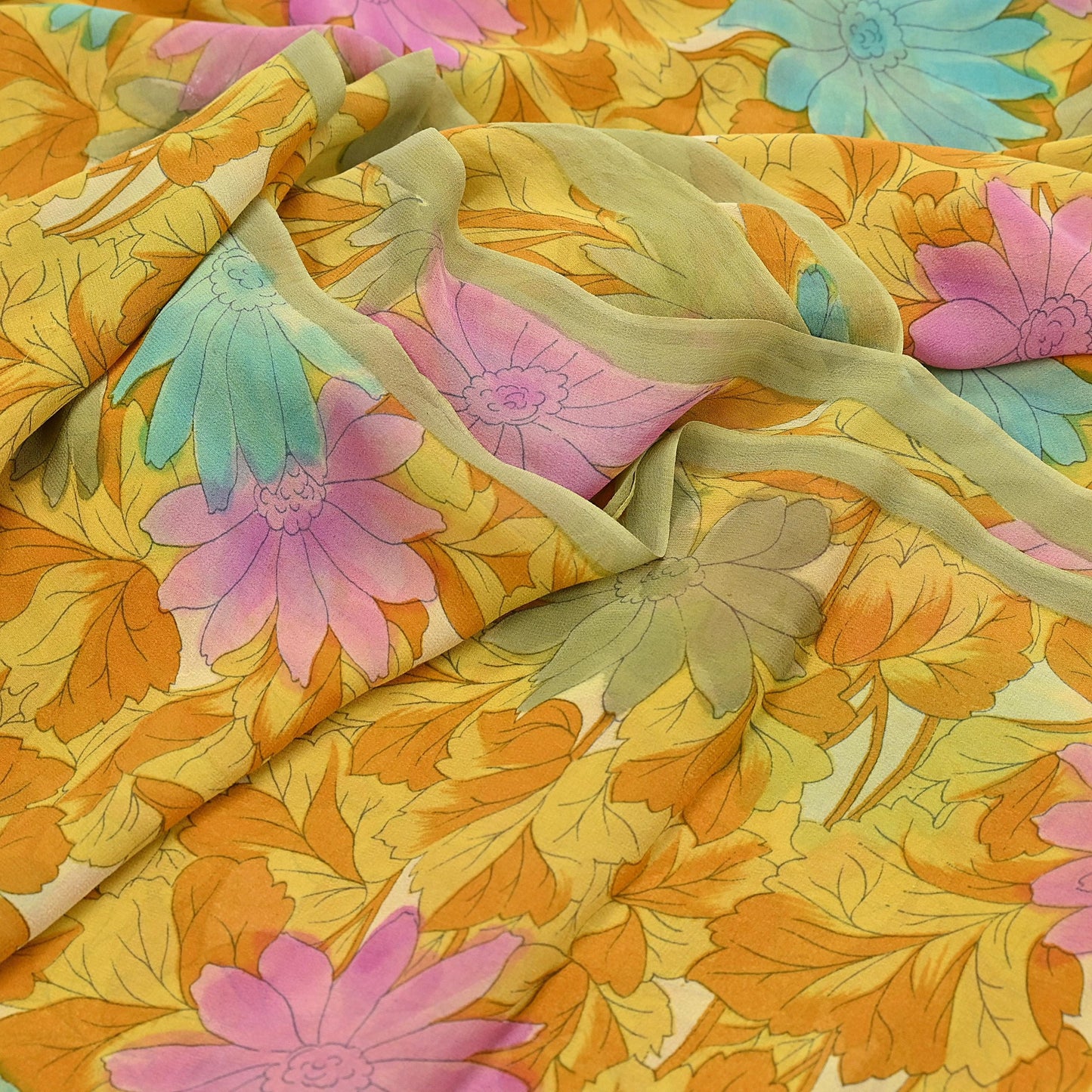 Indian Vintage Sari Pure Georgette Silk Printed Saree Craft Fabric Sewing 5Yd Soft Light Dress Making Crafting Quilting Upcycle