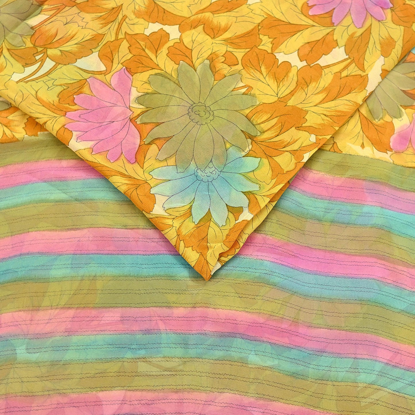 Indian Vintage Sari Pure Georgette Silk Printed Saree Craft Fabric Sewing 5Yd Soft Light Dress Making Crafting Quilting Upcycle