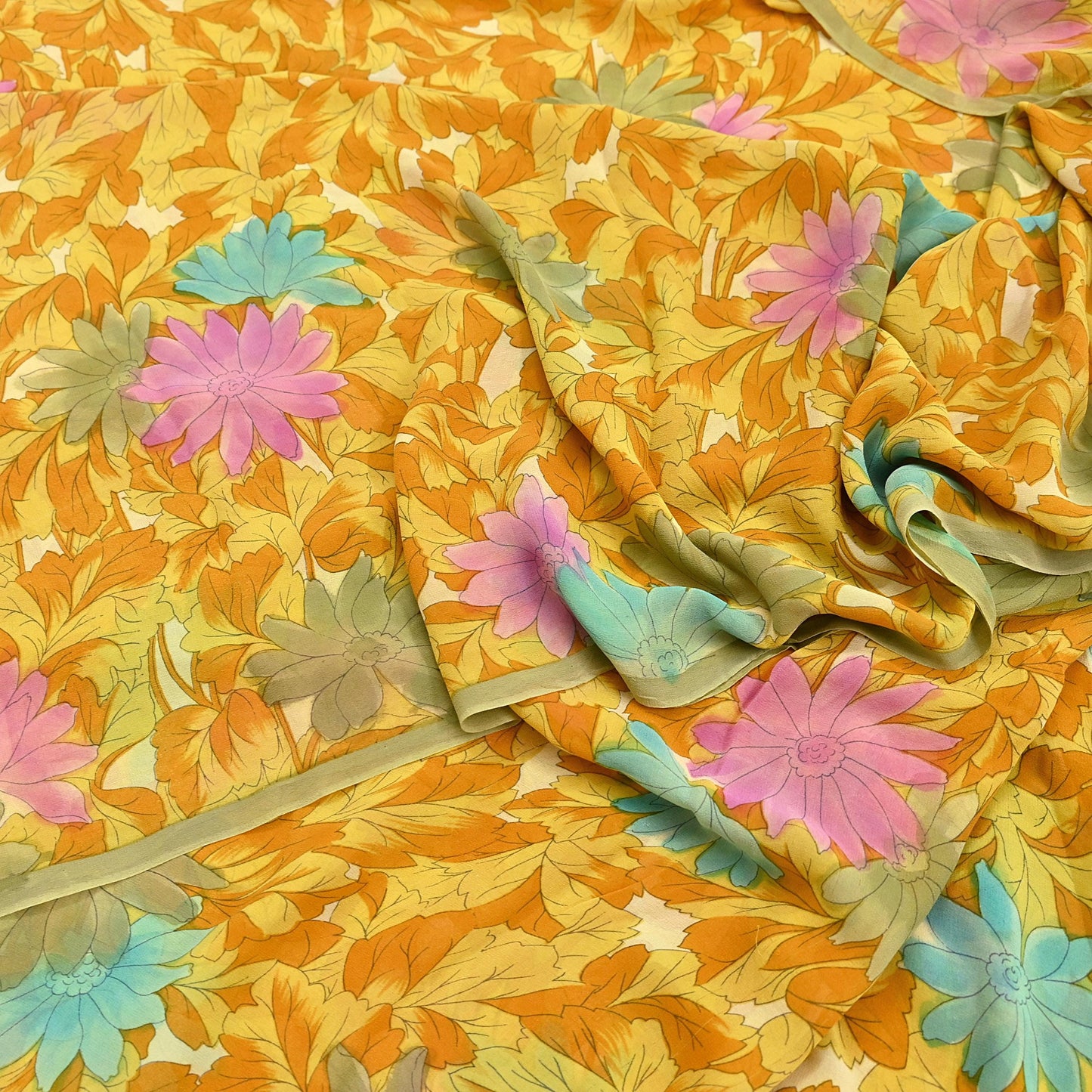 Indian Vintage Sari Pure Georgette Silk Printed Saree Craft Fabric Sewing 5Yd Soft Light Dress Making Crafting Quilting Upcycle