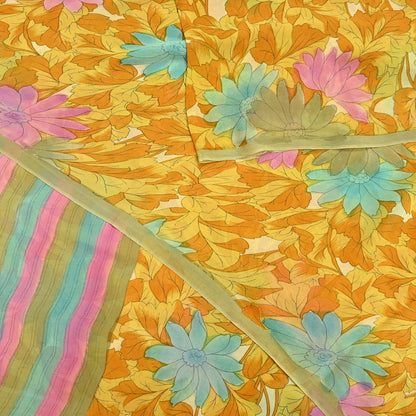 Indian Vintage Sari Pure Georgette Silk Printed Saree Craft Fabric Sewing 5Yd Soft Light Dress Making Crafting Quilting Upcycle