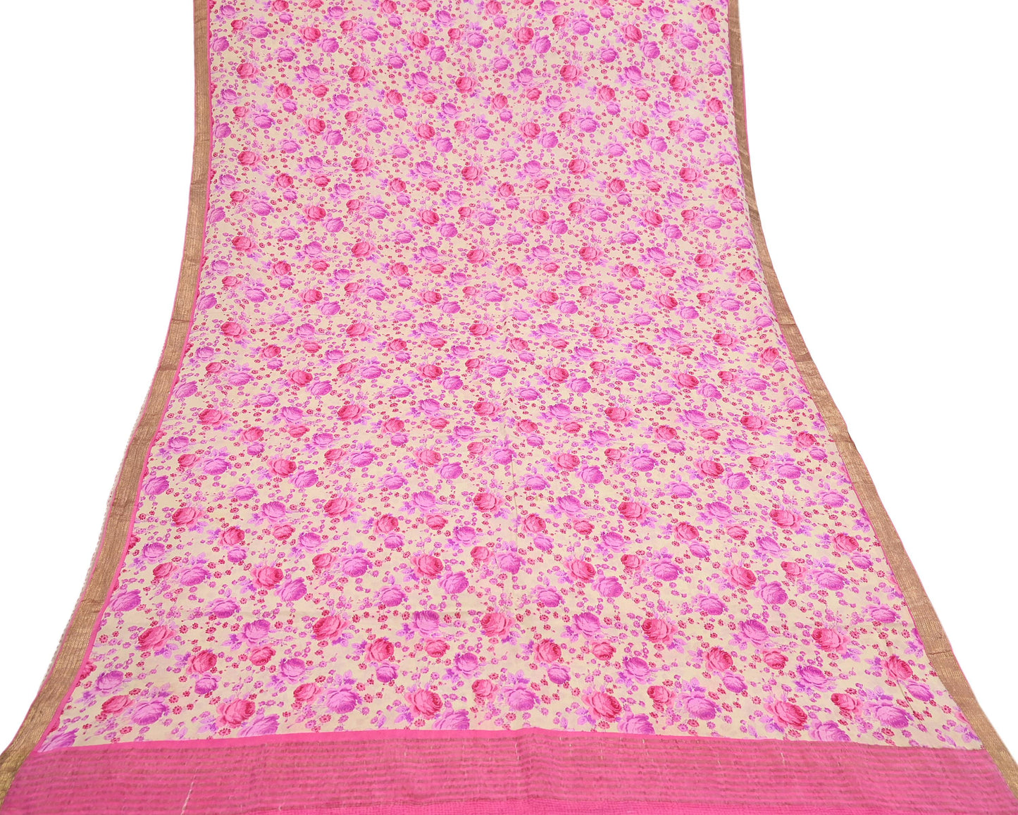 Indian Vintage Sari Beige Printed Pure Silk Sarees 5yd Sewing Craft Fabric Soft Dress Making Upcycle Crafting Quilting Used Zari