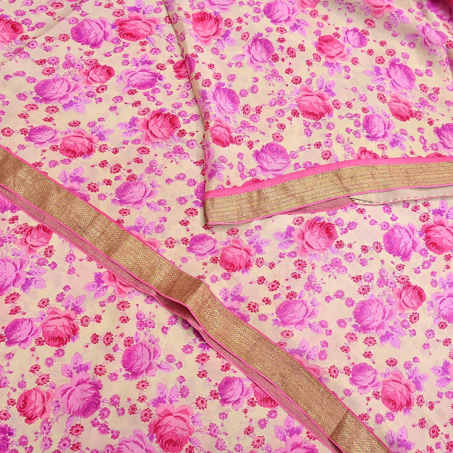 Indian Vintage Sari Beige Printed Pure Silk Sarees 5yd Sewing Craft Fabric Soft Dress Making Upcycle Crafting Quilting Used Zari