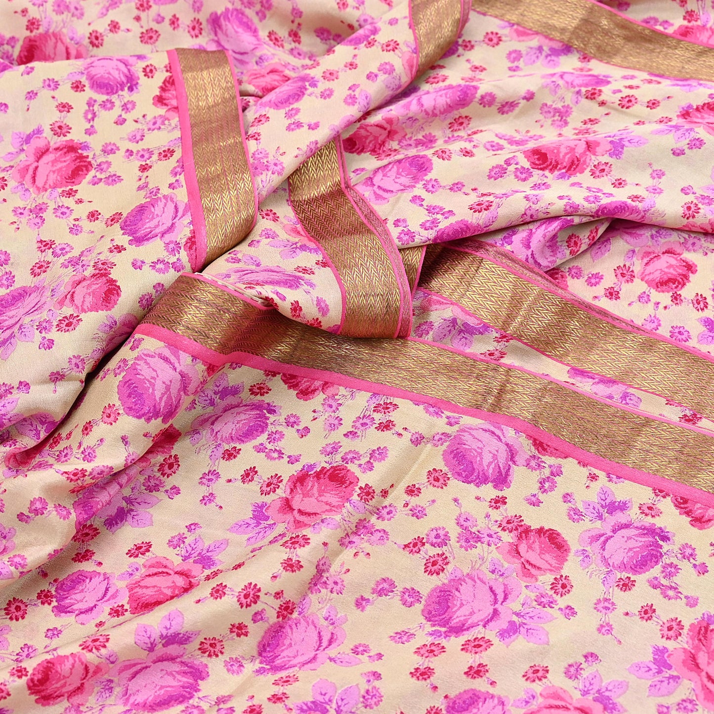 Indian Vintage Sari Beige Printed Pure Silk Sarees 5yd Sewing Craft Fabric Soft Dress Making Upcycle Crafting Quilting Used Zari