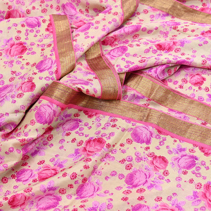 Indian Vintage Sari Beige Printed Pure Silk Sarees 5yd Sewing Craft Fabric Soft Dress Making Upcycle Crafting Quilting Used Zari