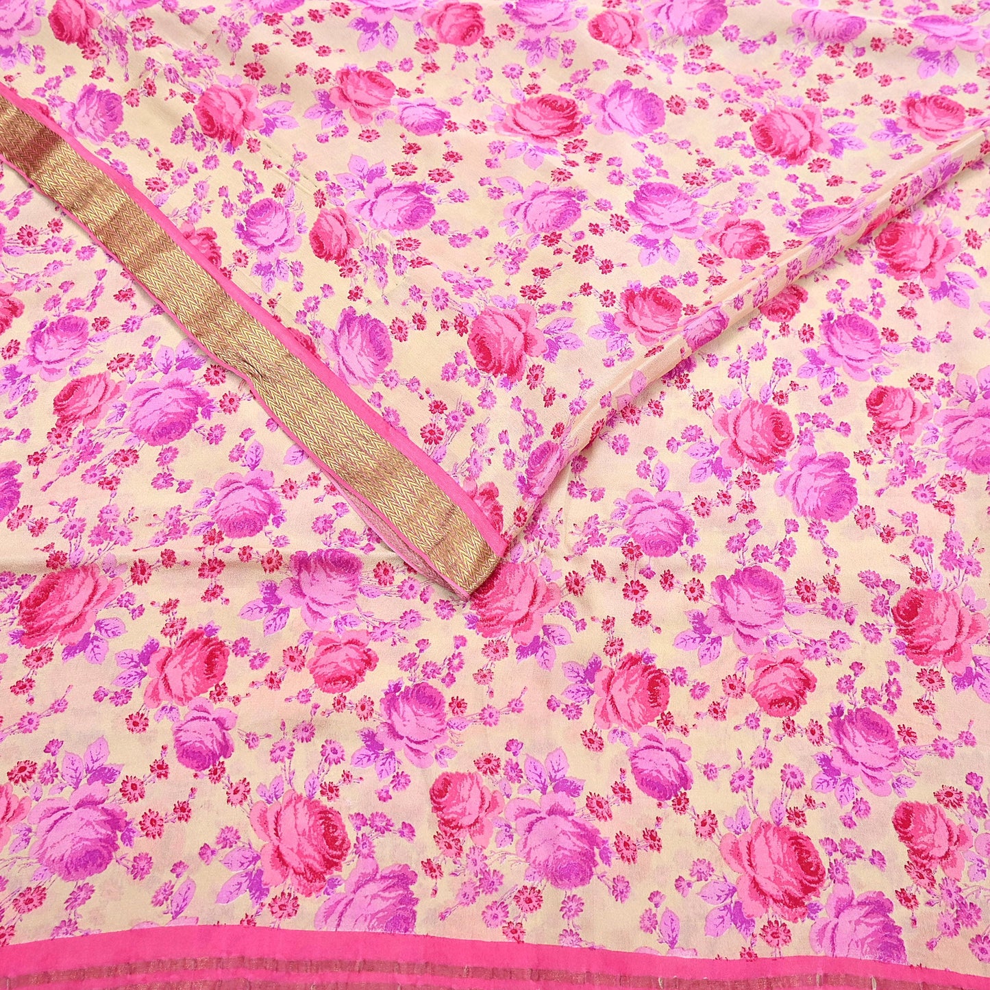 Indian Vintage Sari Beige Printed Pure Silk Sarees 5yd Sewing Craft Fabric Soft Dress Making Upcycle Crafting Quilting Used Zari