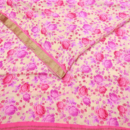 Indian Vintage Sari Beige Printed Pure Silk Sarees 5yd Sewing Craft Fabric Soft Dress Making Upcycle Crafting Quilting Used Zari