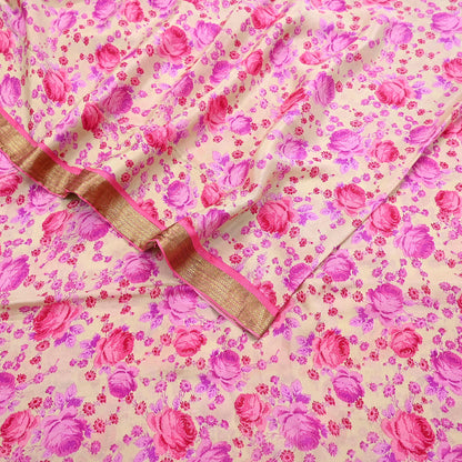 Indian Vintage Sari Beige Printed Pure Silk Sarees 5yd Sewing Craft Fabric Soft Dress Making Upcycle Crafting Quilting Used Zari