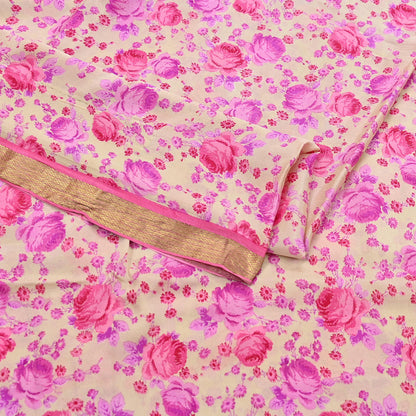 Indian Vintage Sari Beige Printed Pure Silk Sarees 5yd Sewing Craft Fabric Soft Dress Making Upcycle Crafting Quilting Used Zari