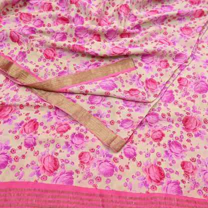 Indian Vintage Sari Beige Printed Pure Silk Sarees 5yd Sewing Craft Fabric Soft Dress Making Upcycle Crafting Quilting Used Zari