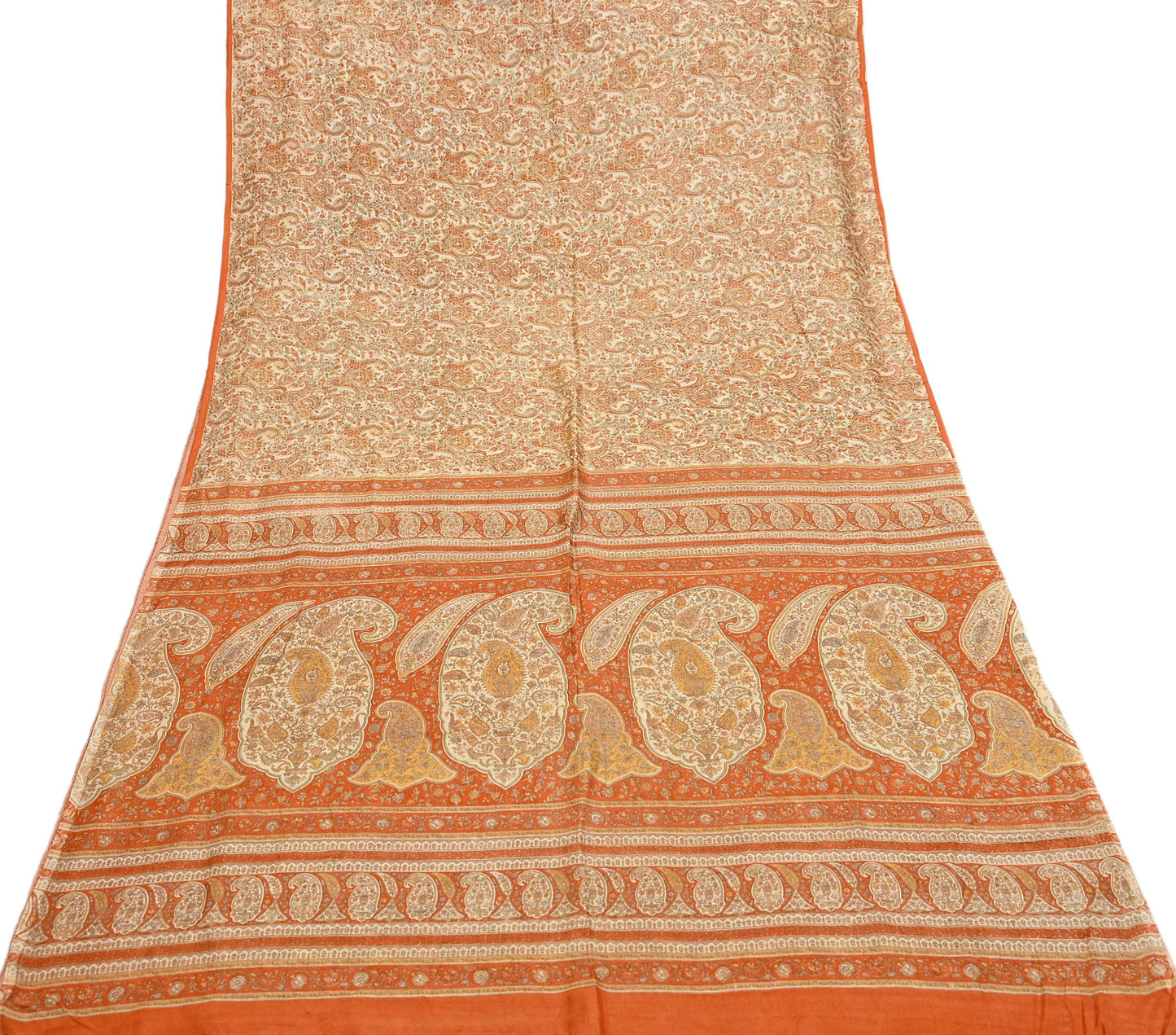 Indian Vintage Sari Beige & Orange Pure Silk Printed Saree Fabric 6yard Sewing Craft Fabric DressMaking Wrap Floral
