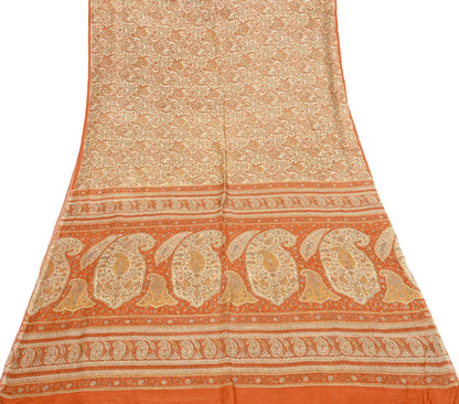 Indian Vintage Sari Beige & Orange Pure Silk Printed Saree Fabric 6yard Sewing Craft Fabric DressMaking Wrap Floral
