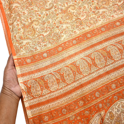 Indian Vintage Sari Beige & Orange Pure Silk Printed Saree Fabric 6yard Sewing Craft Fabric DressMaking Wrap Floral