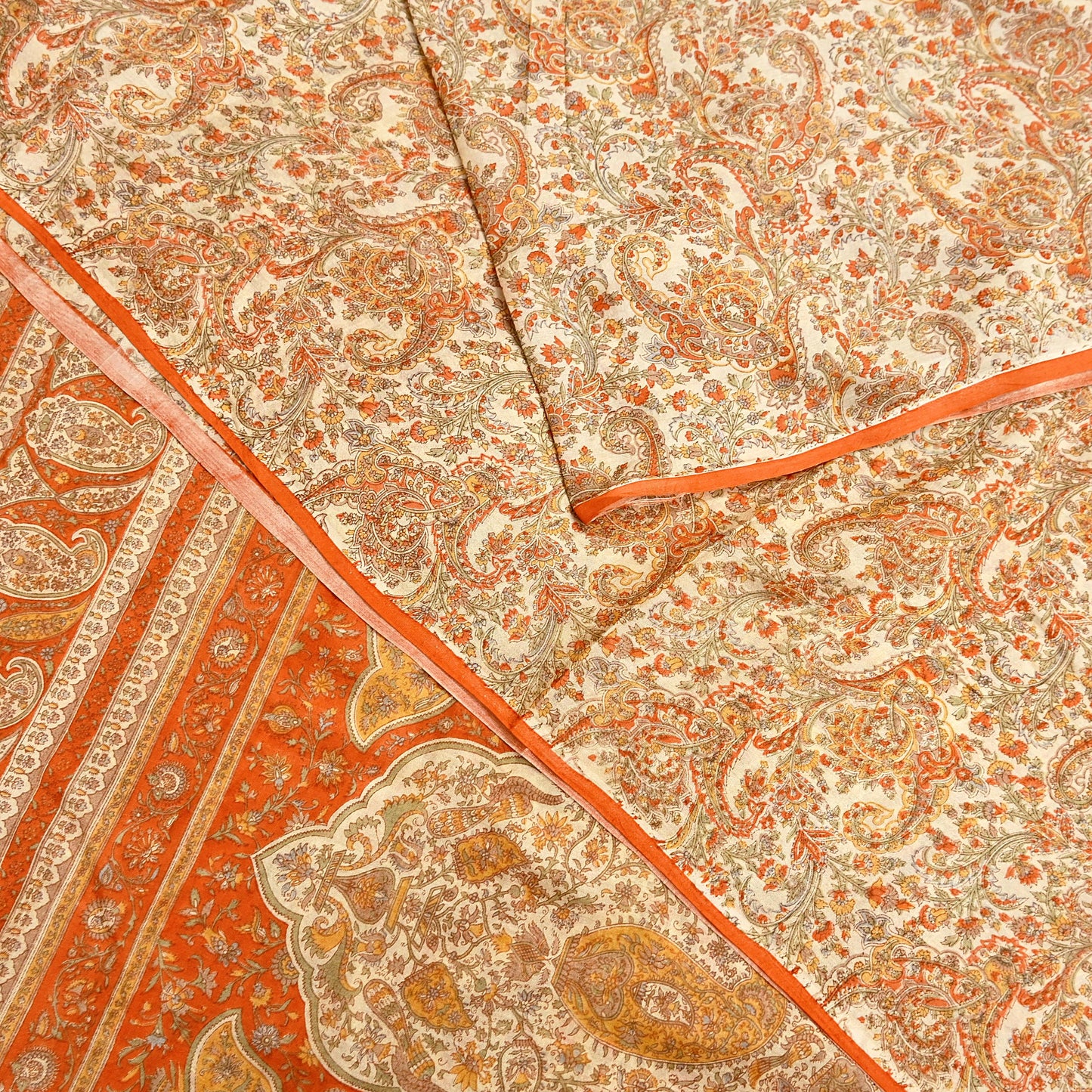 Indian Vintage Sari Beige & Orange Pure Silk Printed Saree Fabric 6yard Sewing Craft Fabric DressMaking Wrap Floral