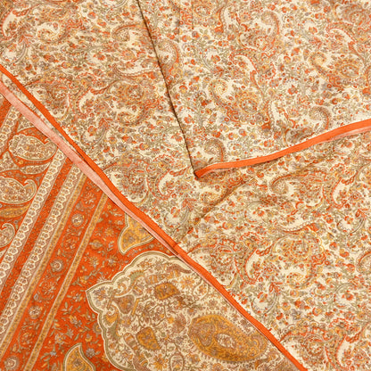 Indian Vintage Sari Beige & Orange Pure Silk Printed Saree Fabric 6yard Sewing Craft Fabric DressMaking Wrap Floral