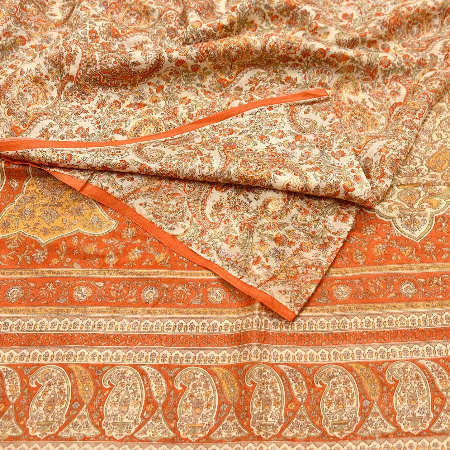 Indian Vintage Sari Beige & Orange Pure Silk Printed Saree Fabric 6yard Sewing Craft Fabric DressMaking Wrap Floral