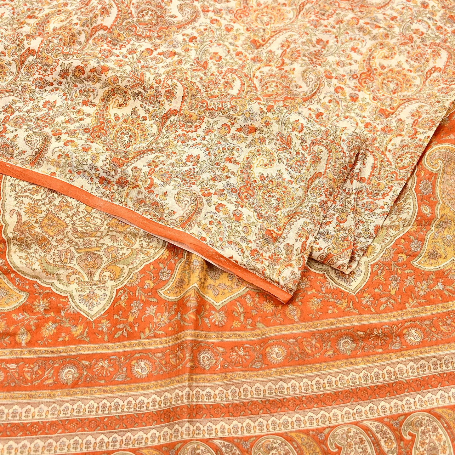 Indian Vintage Sari Beige & Orange Pure Silk Printed Saree Fabric 6yard Sewing Craft Fabric DressMaking Wrap Floral