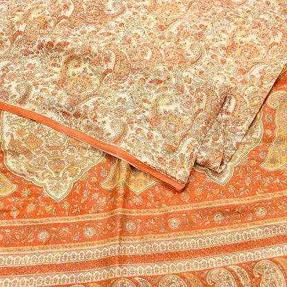 Indian Vintage Sari Beige & Orange Pure Silk Printed Saree Fabric 6yard Sewing Craft Fabric DressMaking Wrap Floral