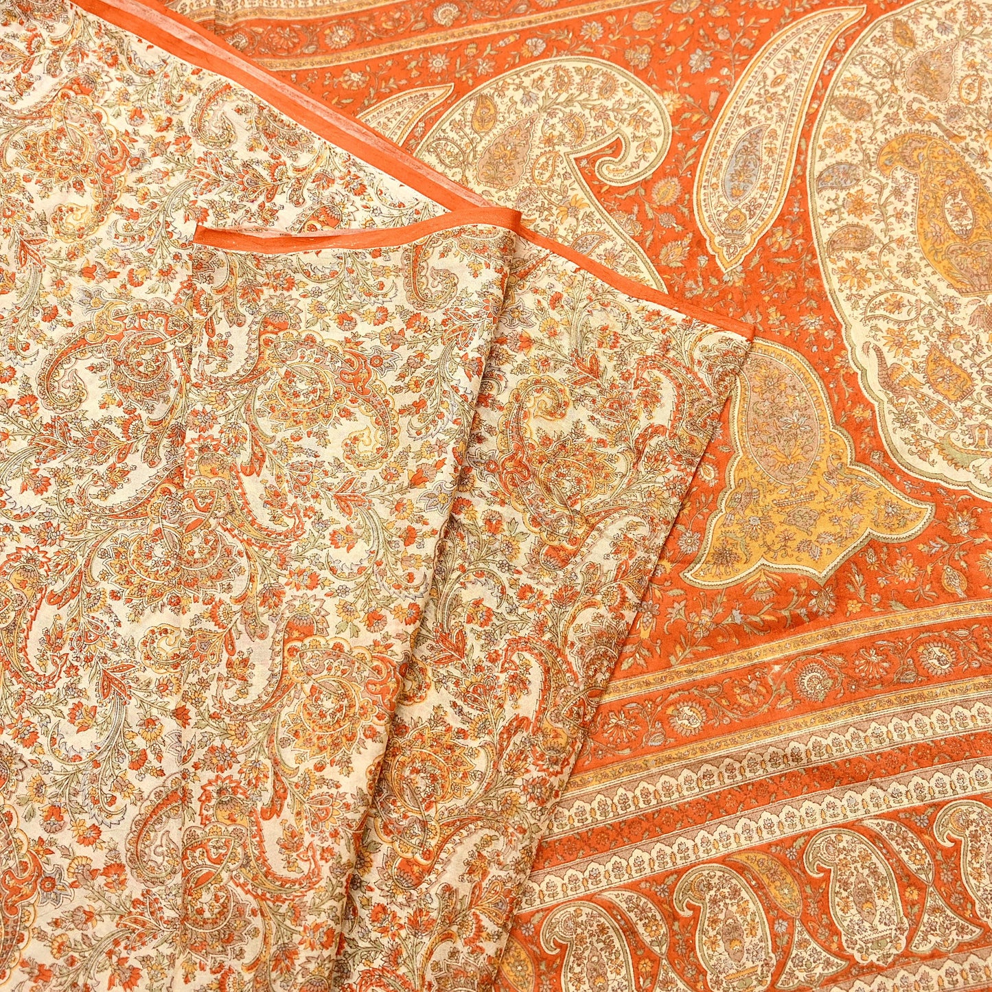Indian Vintage Sari Beige & Orange Pure Silk Printed Saree Fabric 6yard Sewing Craft Fabric DressMaking Wrap Floral