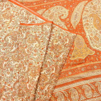 Indian Vintage Sari Beige & Orange Pure Silk Printed Saree Fabric 6yard Sewing Craft Fabric DressMaking Wrap Floral