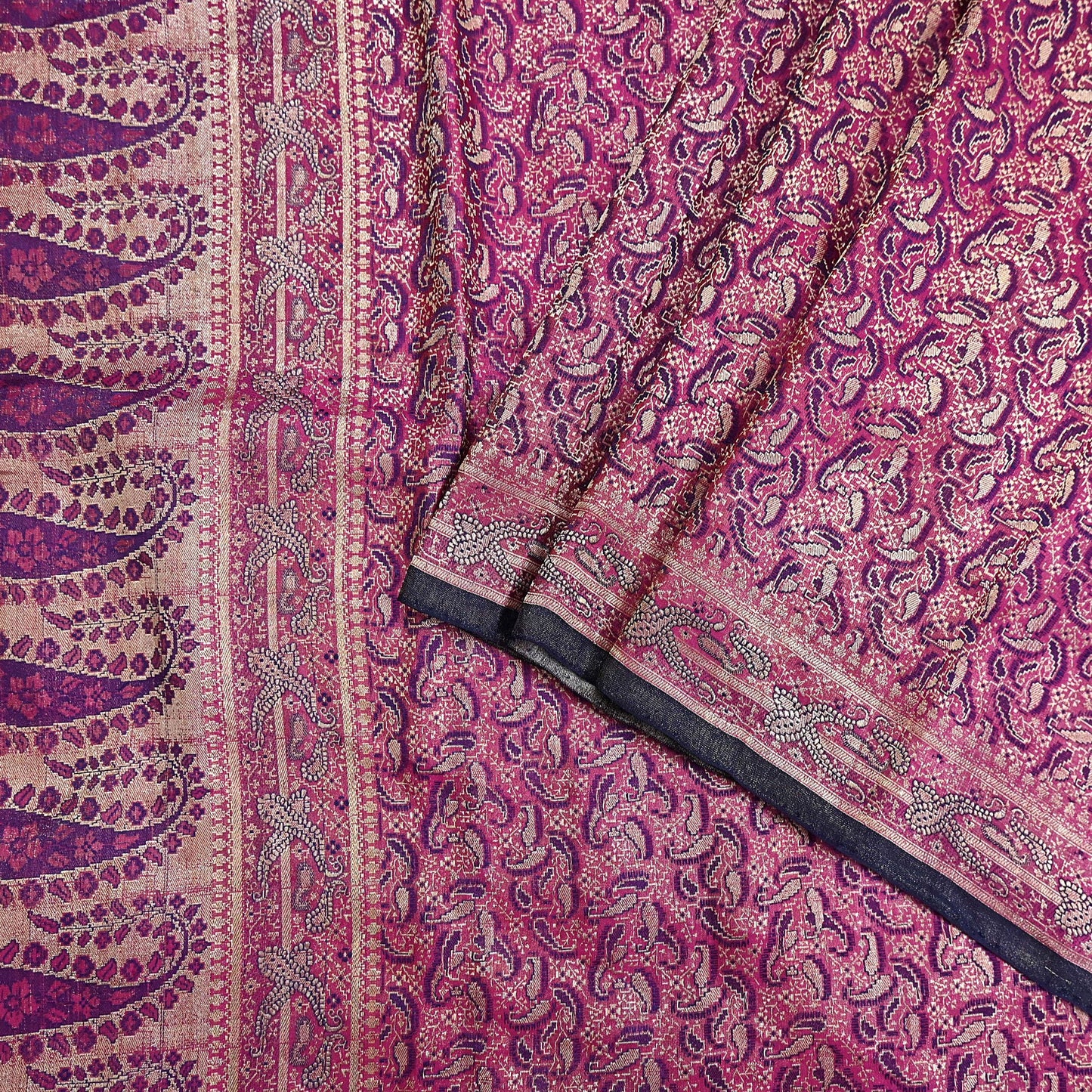 Indian Vintage Sari Purple Heavy Pure Satin Silk Woven Banarasi Tanchoi Saree 5Yd Ethnic Craft Fabric Upcycle Bridal Heavy Sarees
