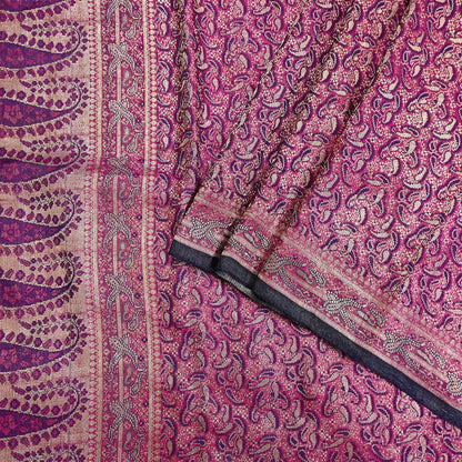 Indian Vintage Sari Purple Heavy Pure Satin Silk Woven Banarasi Tanchoi Saree 5Yd Ethnic Craft Fabric Upcycle Bridal Heavy Sarees
