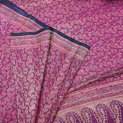 Indian Vintage Sari Purple Heavy Pure Satin Silk Woven Banarasi Tanchoi Saree 5Yd Ethnic Craft Fabric Upcycle Bridal Heavy Sarees