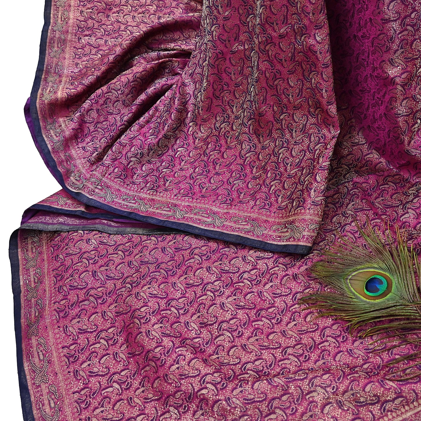 Indian Vintage Sari Purple Heavy Pure Satin Silk Woven Banarasi Tanchoi Saree 5Yd Ethnic Craft Fabric Upcycle Bridal Heavy Sarees