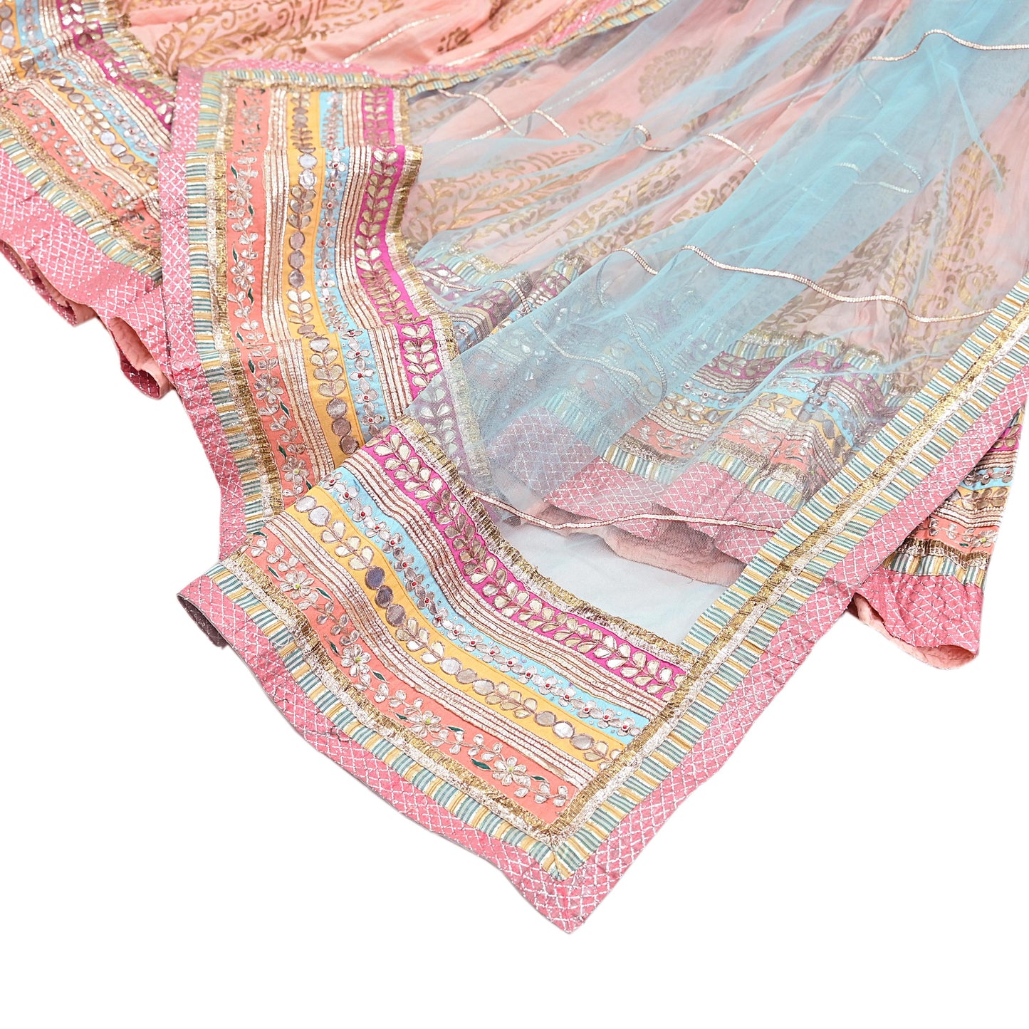 Indian Pre-owned Blue & Peach Pure Silk Net/Mesh Hand Embroidered Lehenga 3pcs Set Bridal Party Wear With Blouse/Dupatta Bollywood Lehenga