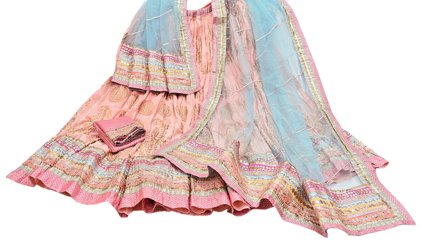Indian Pre-owned Blue & Peach Pure Silk Net/Mesh Hand Embroidered Lehenga 3pcs Set Bridal Party Wear With Blouse/Dupatta Bollywood Lehenga