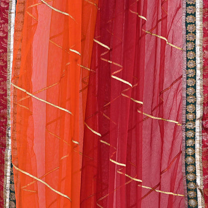 Indian Pre-owned Maroon & Orange Pure Silk Net Hand Embroidered Lehenga 3pcs Set Bridal Party Wear With Blouse/Dupatta Bollywood Lehenga