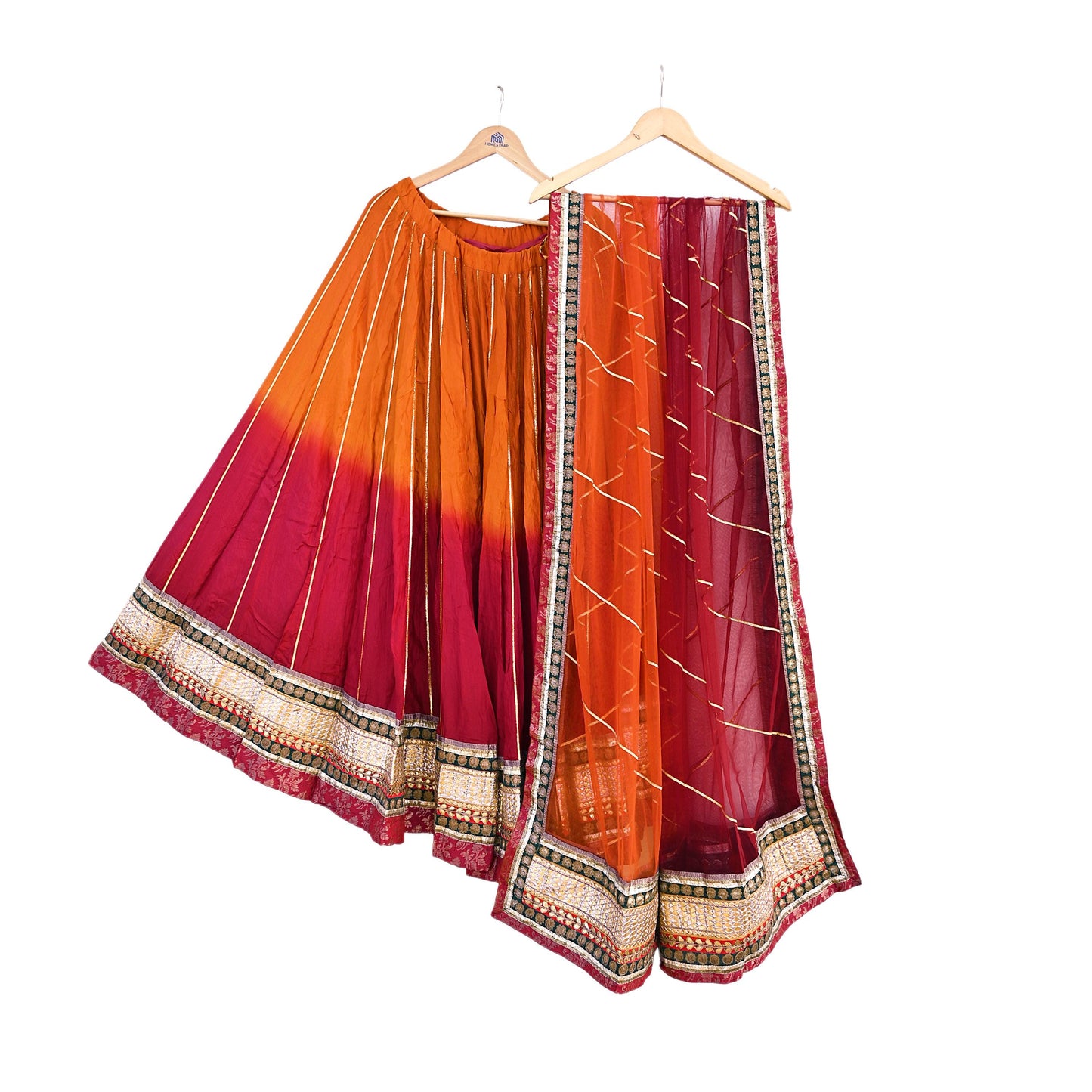 Indian Pre-owned Maroon & Orange Pure Silk Net Hand Embroidered Lehenga 3pcs Set Bridal Party Wear With Blouse/Dupatta Bollywood Lehenga