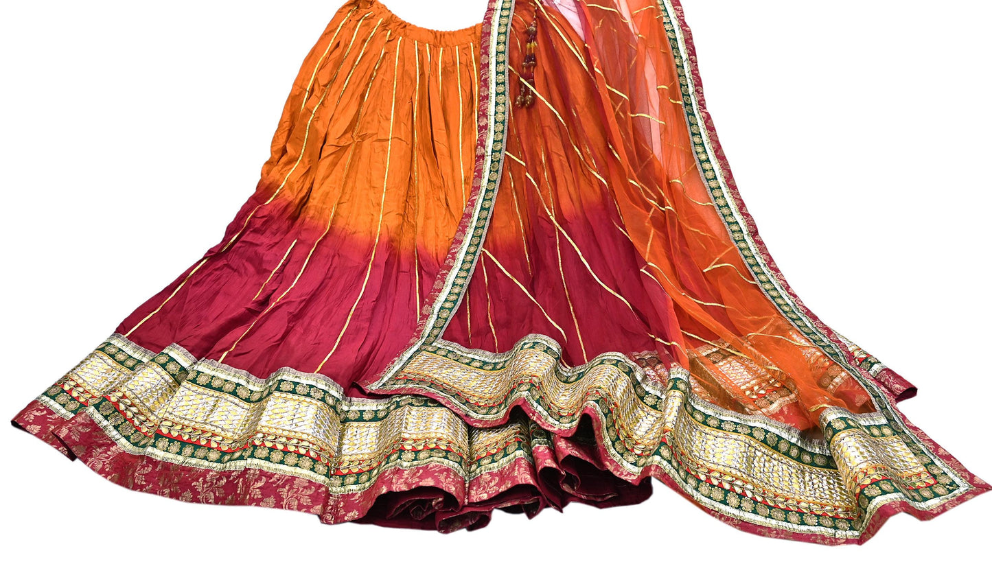 Indian Pre-owned Maroon & Orange Pure Silk Net Hand Embroidered Lehenga 3pcs Set Bridal Party Wear With Blouse/Dupatta Bollywood Lehenga